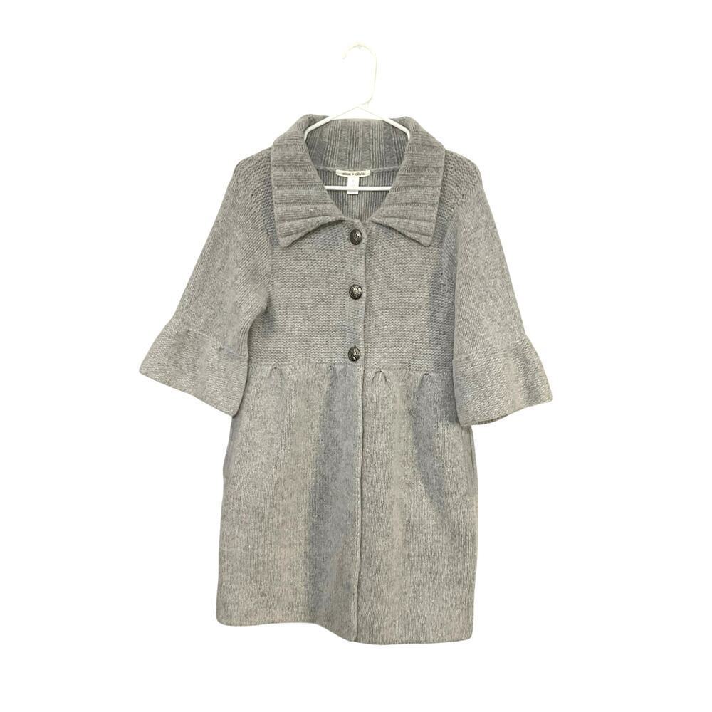 Alice + Olivia Wool/Angora Cardigan Sweater Large Collared Grey Bell Sleeves